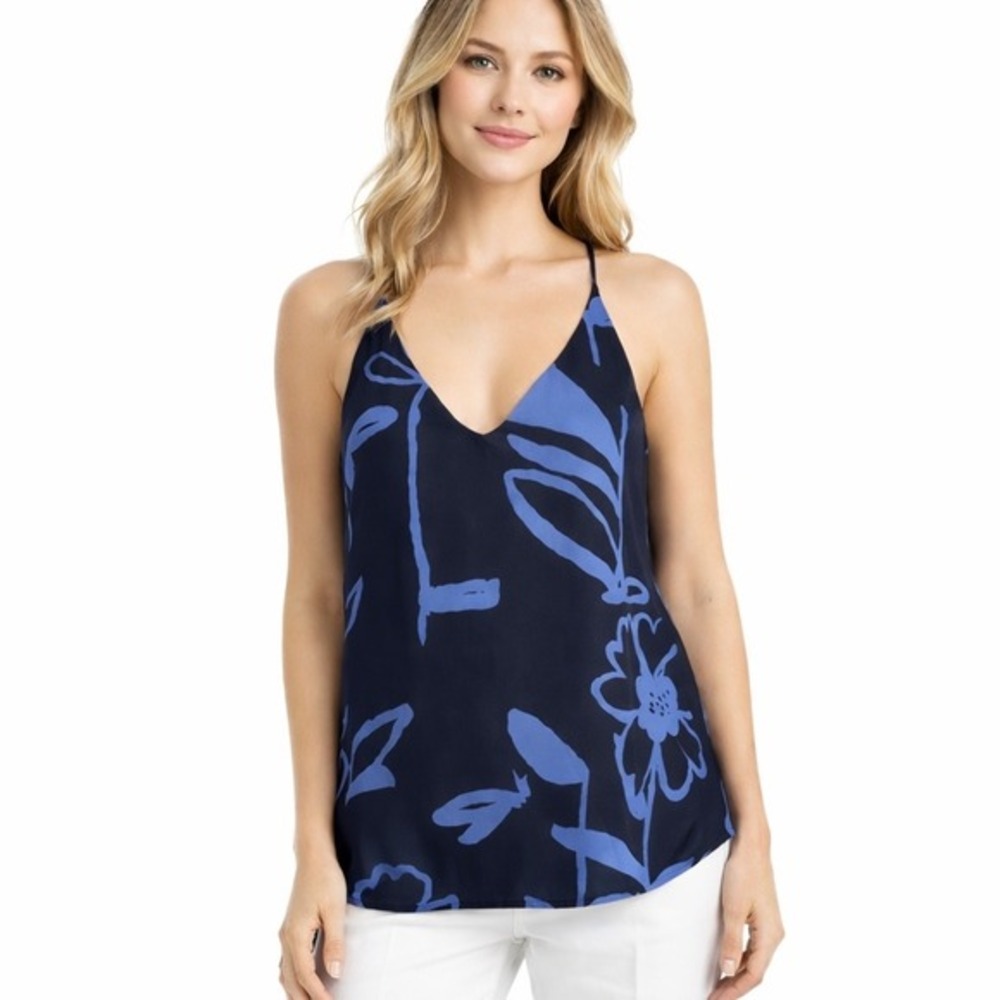 LOFT Floral Cami Tank Top Navy Blue Periwinkle Print V Neck Sleeveless SP‎ 62-2